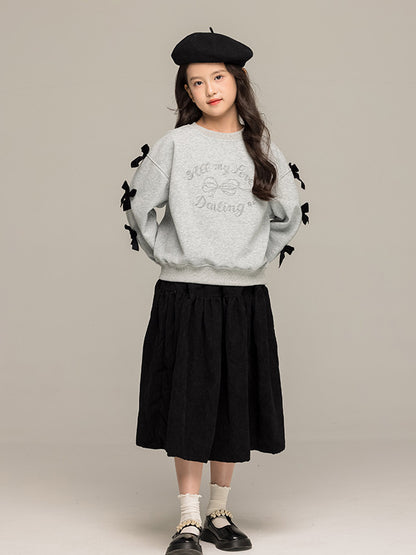 Arrival Autumn Kids Girls Long Sleeves Letters and Butterfly-bow Pattern Sweatshirt and Black Skirt