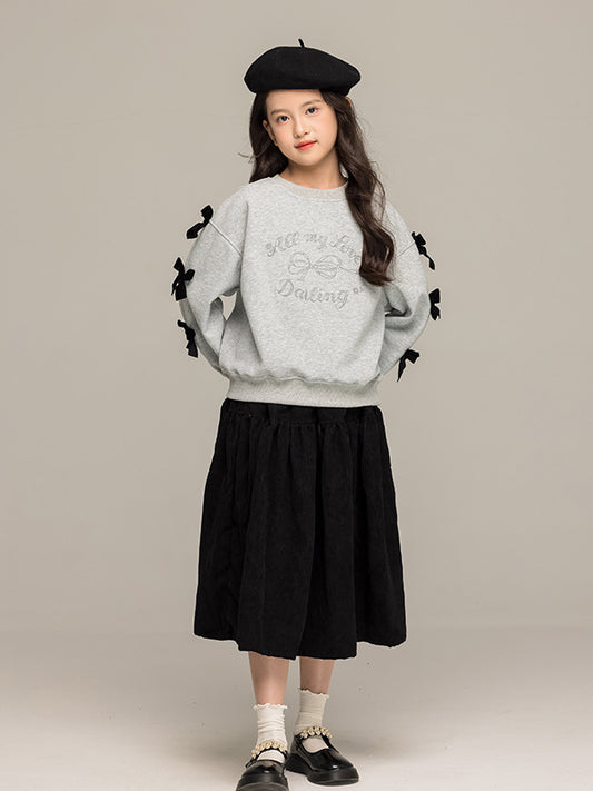 Arrival Autumn Kids Girls Long Sleeves Letters and Butterfly-bow Pattern Sweatshirt and Black Skirt