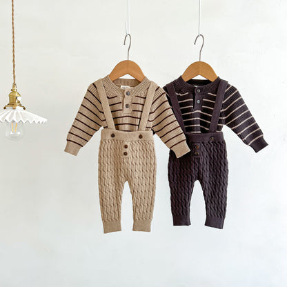 Spring and Autumn Baby Kids Unisex Striped Long Sleeves Top and Sleeveless Overalls Knitted Clothing Set, MyKids-USA®, Baby & Toddler Outfits, MyKids-USA -  -  -  -  -  -  - 