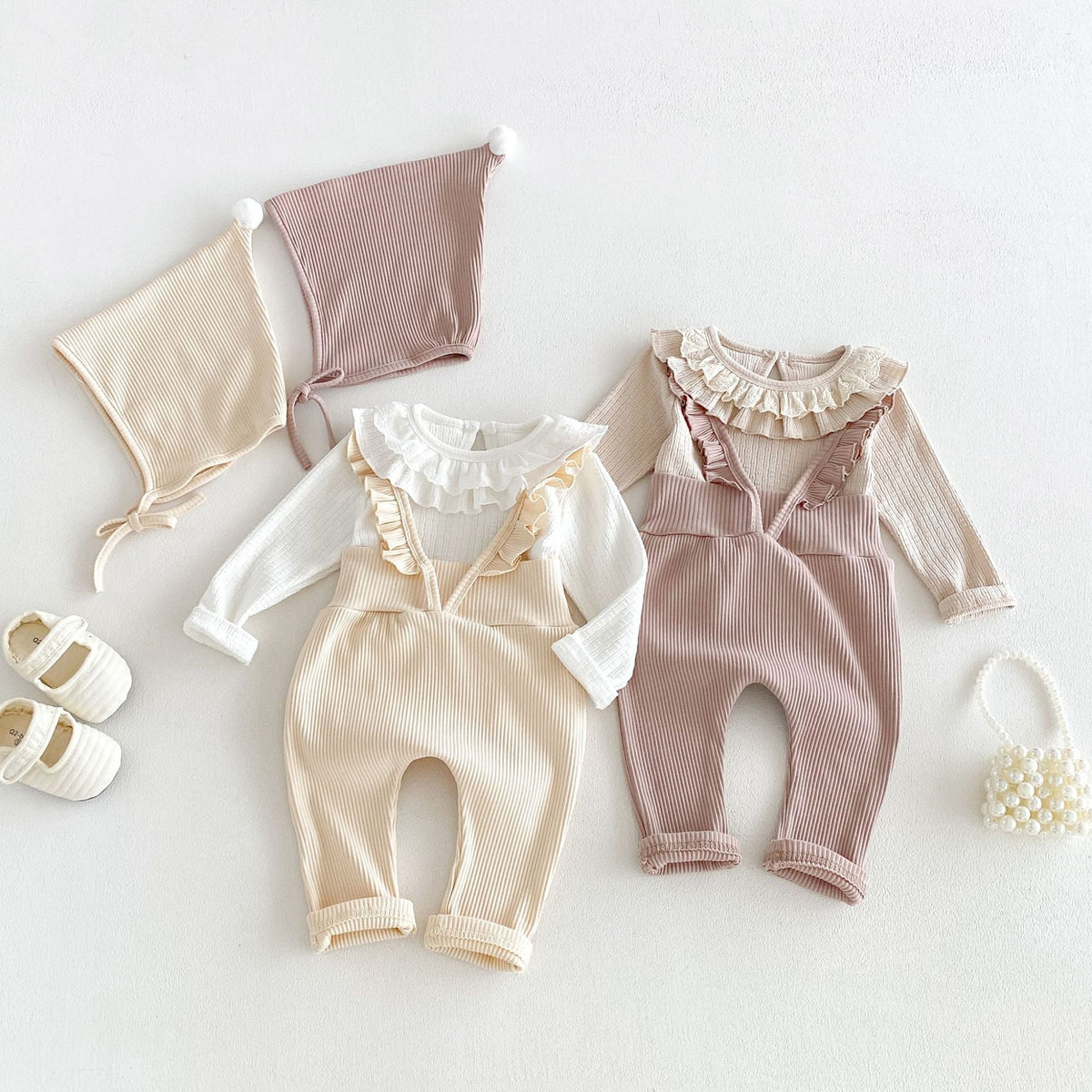 MyKids-USA® Hot Selling Autumn Baby Kids Girls Long Sleeves Lace Collar Top and Strap Overalls
