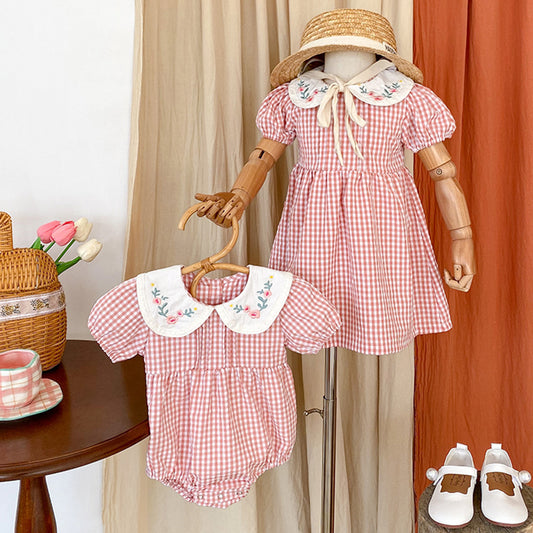 Summer Girls Flowers Embroidery Collar Plaid Onesies And Girls’ Dress – Princess Sister Matching Set