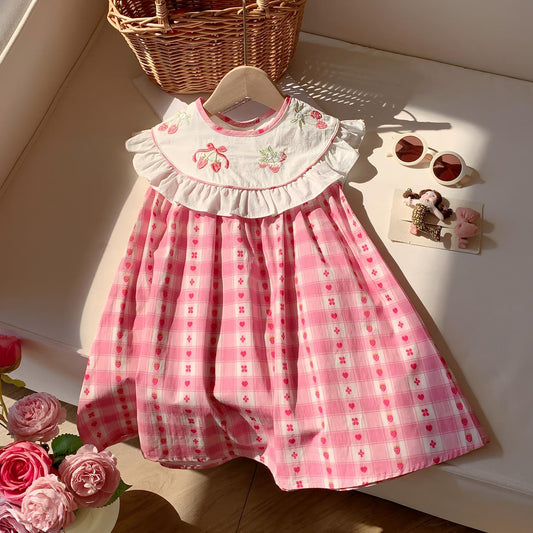 Summer Baby Kids Girls Cute Sleeveless Fruits Pattern Embroidered Plaid Dress, MyKids-USA®, Baby & Toddler Dresses, MyKids-USA - Size/Age - 90 (12-24M) - Color - Pink -  -  - TR2503092348-A