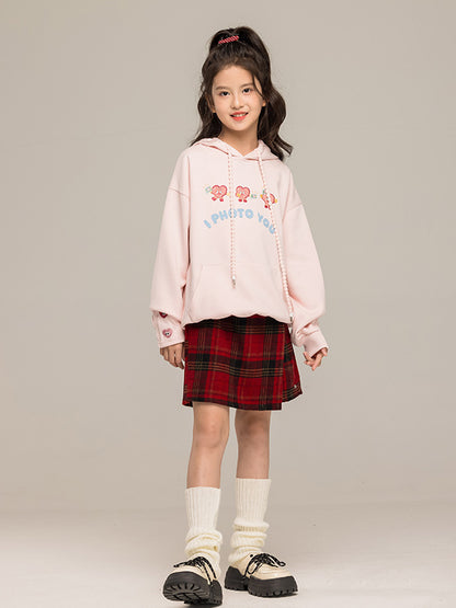 Arrival Autumn Kids Girls Long Sleeves Cartoon Embroidered Pattern Hoodie and Plaid Skirt Clothing Set