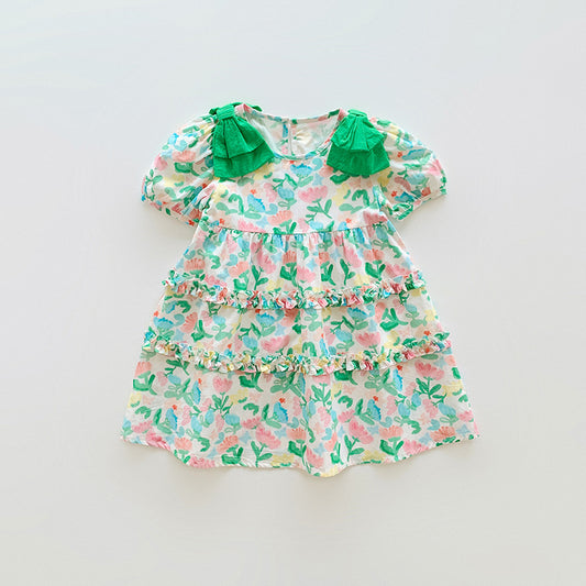 Baby Girl Floral Pattern Summer Puff Sleeves Dress
