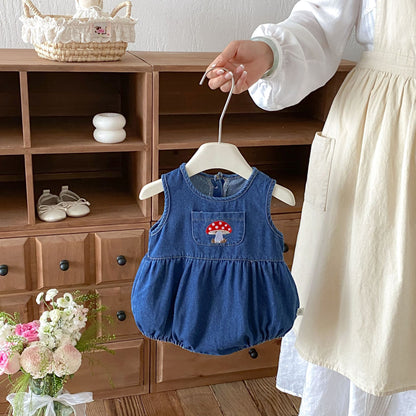 Summer Arrival Baby Girls Sleeveless Mushroom Pattern Denim Bodysuit