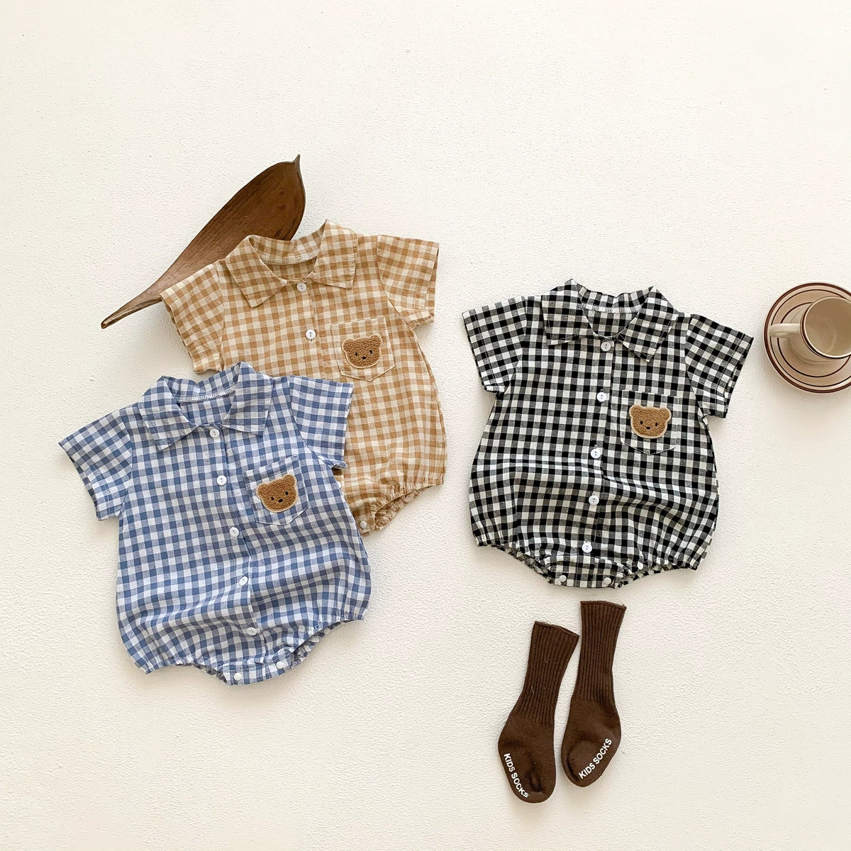 Summer Arrival Baby Boys Plaid and Teddy Bear Pattern Short Sleeves Onesies with Turn-down Collar, MyKids-USA®, Baby One-Pieces, MyKids-USA -  -  -  -  -  -  - 