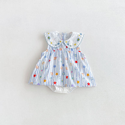 Design Summer Baby Kids Girls Sleeveless Marine Elements Pattern Bodysuit Dress