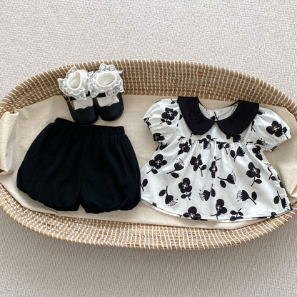 Summer Baby Kids Girls Black Floral Print Dress And Solid Color Black Shorts Clothing Set