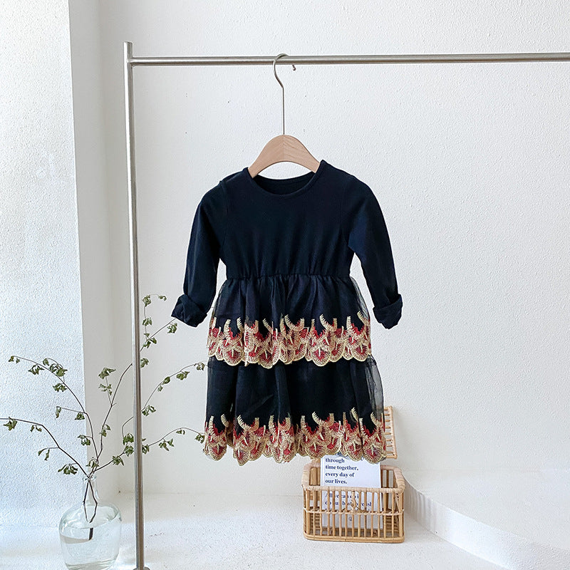 Autumn Baby Kids Girls Long Sleeves Embroidery Tulle Patchwork Dress, MyKids-USA®, Baby & Children's Dresses, MyKids-USA - Size/Age - 80 (9-12M) - Color - Black -  -  - TR2605232042-A.