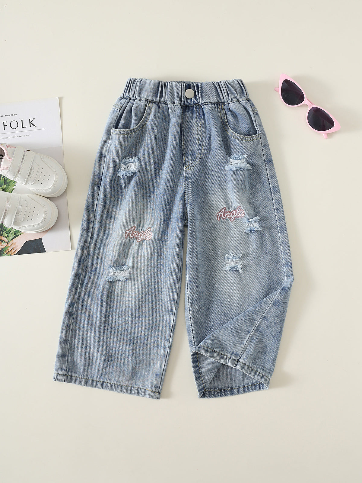 MyKids-USA® Girls Letters Pattern Ripped Jeans