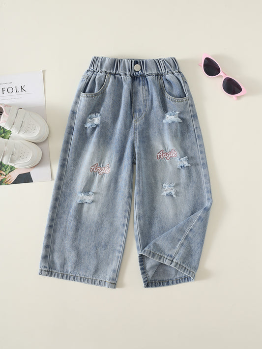 MyKids-USA® Arrival Autumn Girls Letters Pattern Ripped Jeans