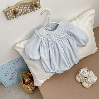Arrival Spring Baby Girls Butterfly-bows Pattern Lace Trim Peter Pan Collar Bodysuit