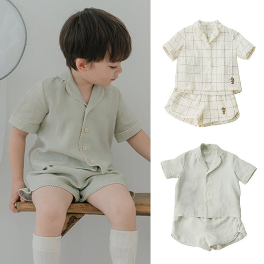 Summer Baby Kids Unisex Simple V Neck Single Breasted Top Shirt And Shorts Casual Clothing Set