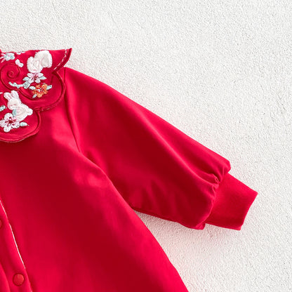 Infant Baby Girls Thick Warm Long Sleeve Rabbits Floral Knitted Round Collar Red Romper, MyKids-USA®, Baby One-Pieces, MyKids-USA -  -  -  -  -  -  - 