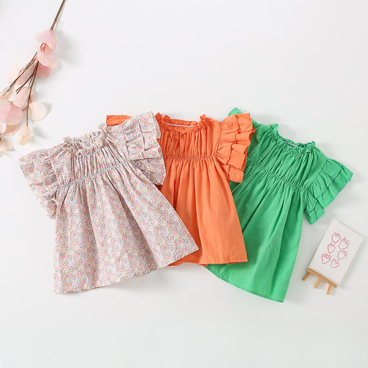 Baby Girl Solid Color Floral Pattern Flying Sleeve Dress