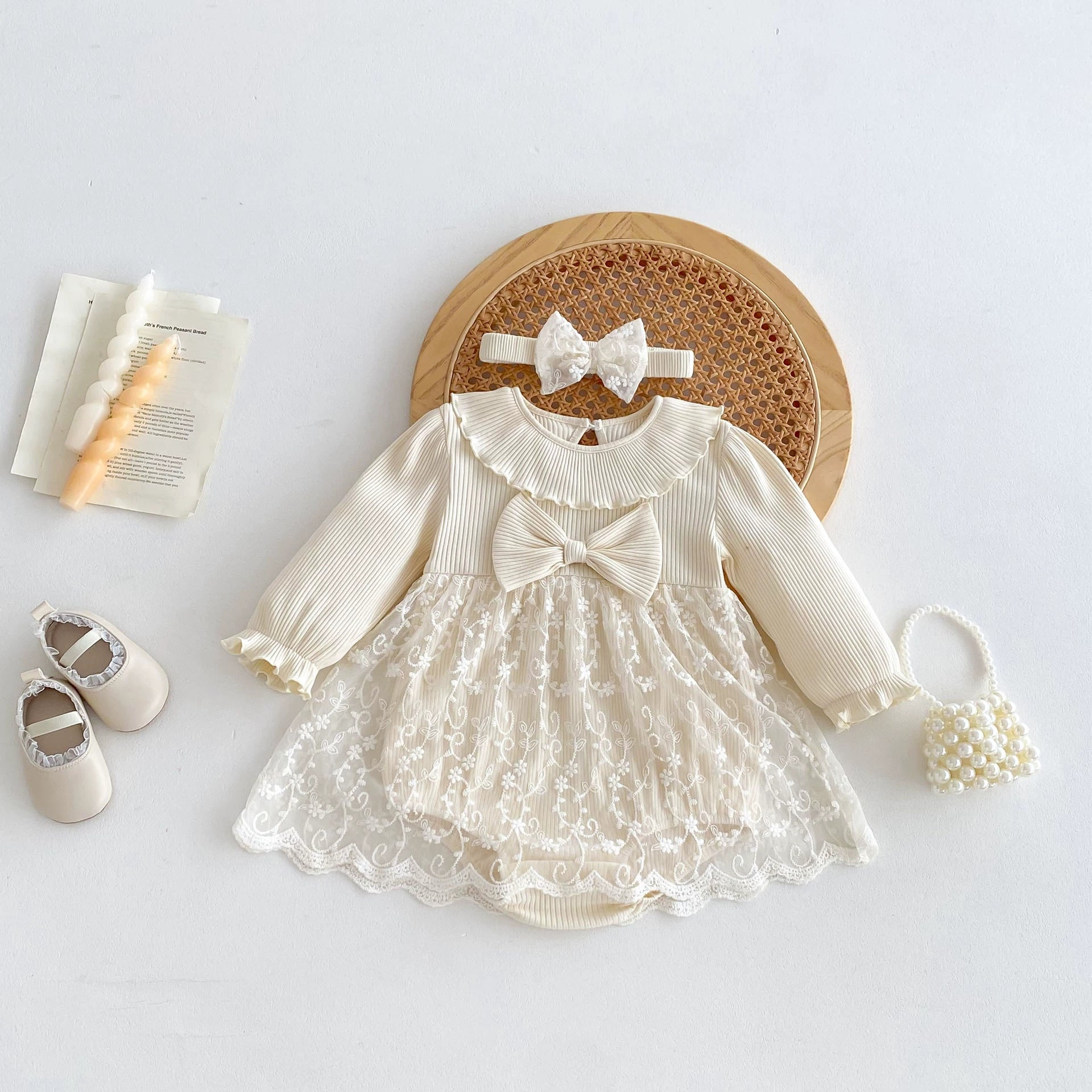 Spring Arrival Baby Girls Cute Floral Embroidered Tulle Long Sleeves Onesies, MyKids-USA®, Baby One-Pieces, MyKids-USA - Size/Age - 66 (3-6M) - Color - Beige -  -  - TR2502202250-A