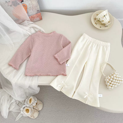 Spring and Autumn Kids Girls Jacquard Pattern Long Sleeves Top Shirt and Butterfly-bow Decorated Pants Clothing Set, MyKids-USA®, Baby & Toddler Outfits, MyKids-USA - Size/Age - 73 (6-9M) - Color - Pink -  -  - TR2508162347-B