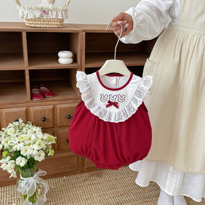 Design Summer Baby Kids Girls Sleeveless Lace Trim Color Patchwork Bodysuit