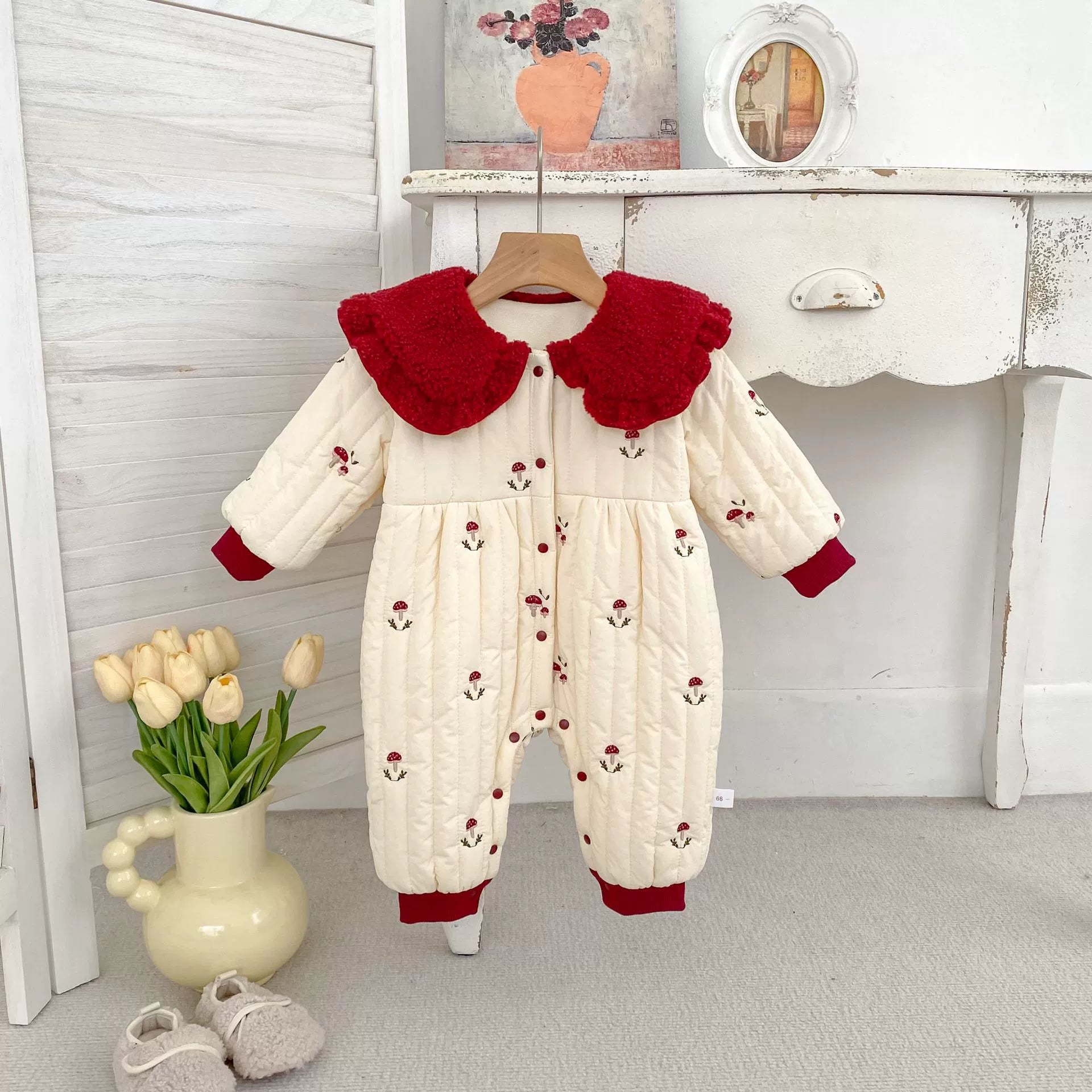 Winter Arrival Baby Girls Long Sleeves Mushrooms Pattern Embroidered Fleece-Lined Warm Rompers, MyKids-USA®, Baby One-Pieces, MyKids-USA - Size/Age - 66 (3-6M) - Color - Apricot -  -  - TR2512031751-A