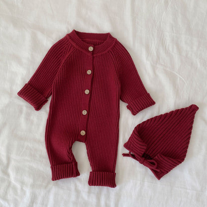 Autumn and Winter Arrival Baby Unisex Long Sleeves Solid Color Knitted Rompers with Hat, MyKids-USA®, Baby One-Pieces, MyKids-USA - Size/Age - 66 (3-6M) - Color - Red -  -  - TR2512112243-D.