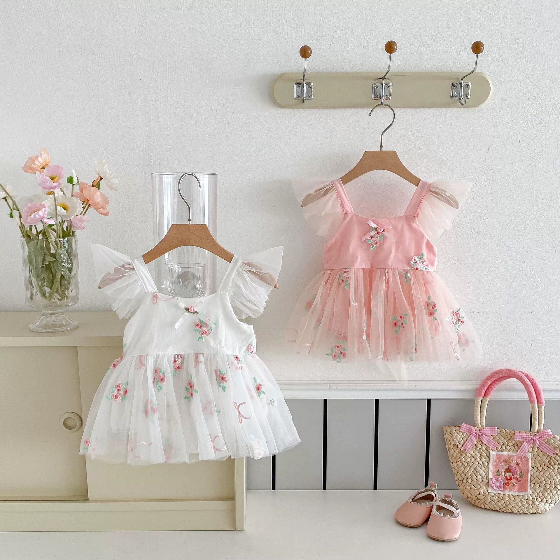 Summer Arrival Baby Girls Flowers Embroidered Tulle Design Fly Sleeves Strap Onesies, MyKids-USA®, Baby One-Pieces, MyKids-USA -  -  -  -  -  -  - 