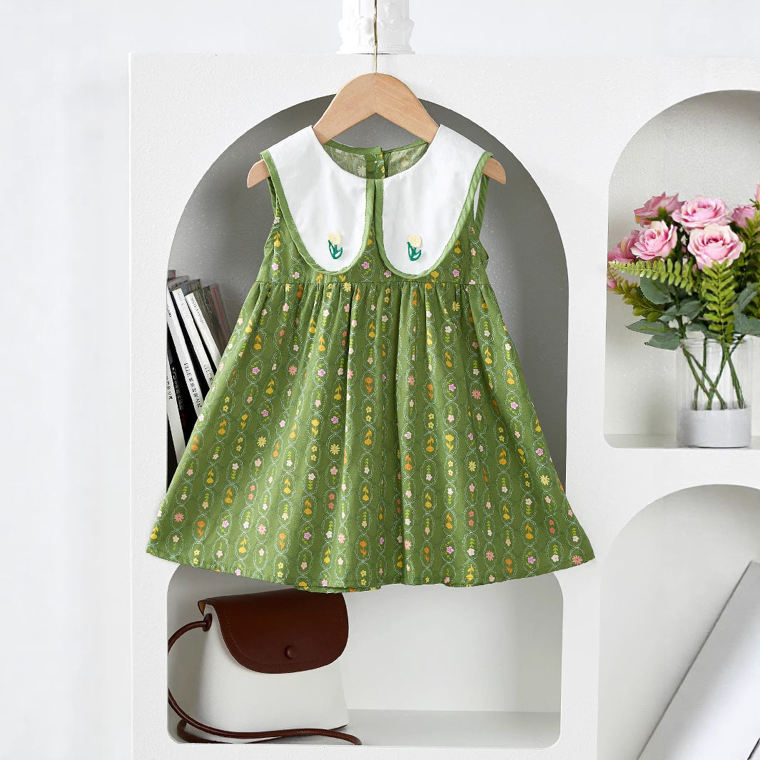 Summer Baby Kids Girls Floral Sleeveless Embroidery Collar Dress, MyKids-USA®, Baby & Toddler Dresses, MyKids-USA - Size/Age - 90 (12-24M) - Color - Green -  -  - TR2505091957-A