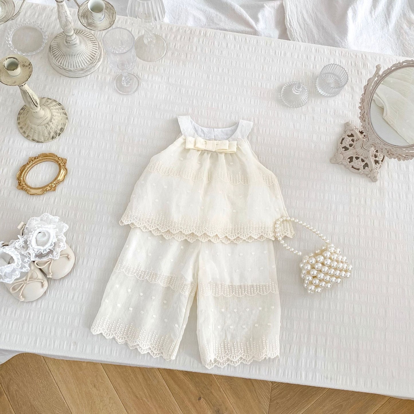 Summer Baby Kids Solid Color Sleeveless Dots Embroidery Pattern Top Dress and Pants Clothing Set for Girls, MyKids-USA®, Baby & Toddler Outfits, MyKids-USA - Size/Age - 73 (6-9M) - Color - Beige -  -  - TR2504301837-A