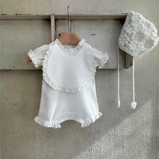Summer Baby Kids Short Sleeves Plain Rompers, Bib and Hat Clothing Set for Girls, MyKids-USA®, Baby & Toddler Outfits, MyKids-USA - Size/Age - 66 (3-6M) - Color - White -  -  - TR2505212328-B.