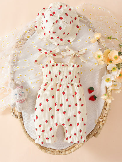 Design Summer Baby Kids Girls Sleeveless Strawberry Pattern Rompers with Hat