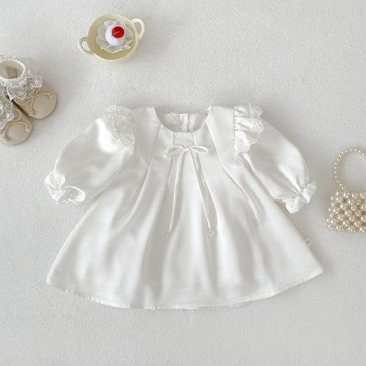 MyKids-USA® Baby Long Sleeves Cute Lace Trim Solid Color Dress