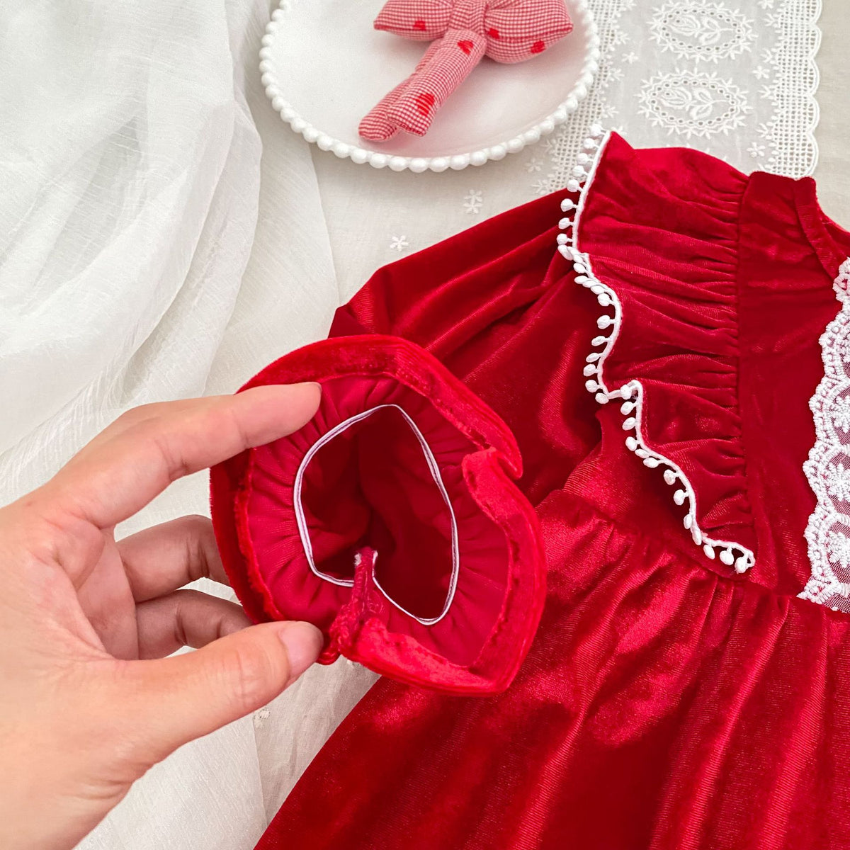 MyKids-USA® Baby Girls Lace Trim Long-sleeved Red Onesies or Dress – Princess Sister Matching