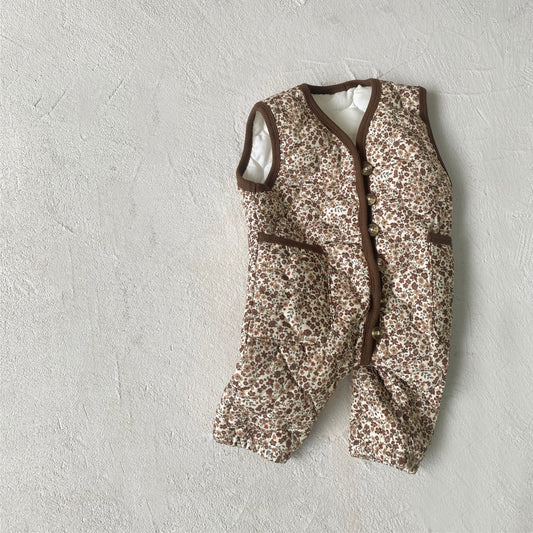 Winter Arrival Baby Sleeveless Vintage Floral Pattern Cotton-Padded Rompers