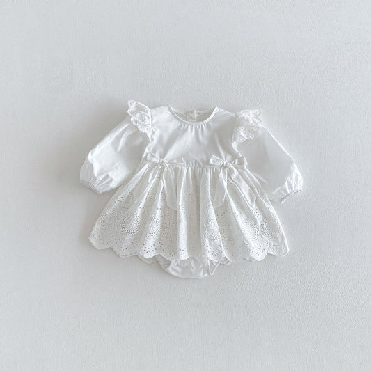 Spring Arrival Baby Girls Long Sleeves Flowers Hollow-out Pattern Onesies Dress, MyKids-USA®, Baby & Toddler Dresses, MyKids-USA - Size/Age - 66 (3-6M) - Color - White -  -  - TR2601281214-A.