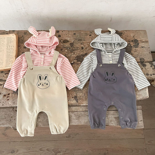 Spring Baby And Kids Unisex Striped Hoodie Top And Rabbit Cartoon Overalls Romper Clothing Set