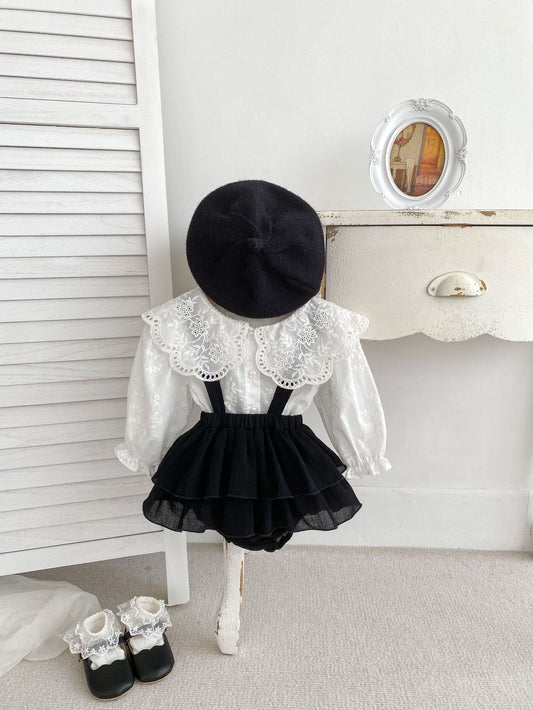 Spring Baby And Kids Girls Floral White Shirt And Black Skirt Beret And Clothing Set, MyKids-USA®, Baby & Toddler Outfits, MyKids-USA - Size/Age - 66 (3-6M) - Color - Black -  -  - TR2401042123-A
