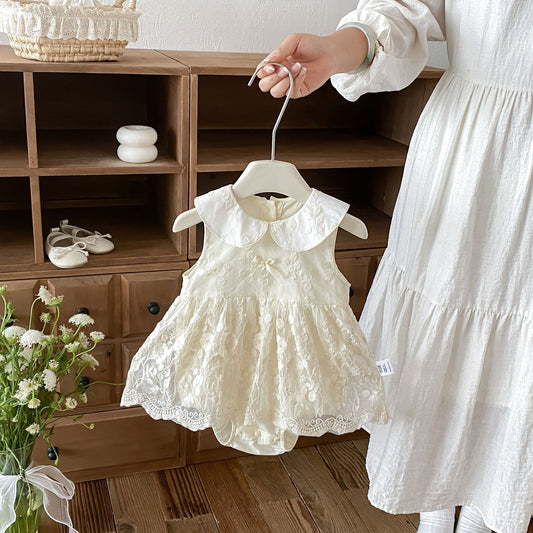 Design Summer Baby Kids Girls Sleeveless Flowers Embroidered Pattern Bodysuit Dress