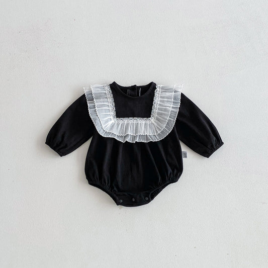 Arrival Spring Baby Girls Lace Decorated Color Patchwork Long Sleeves Bodysuit
