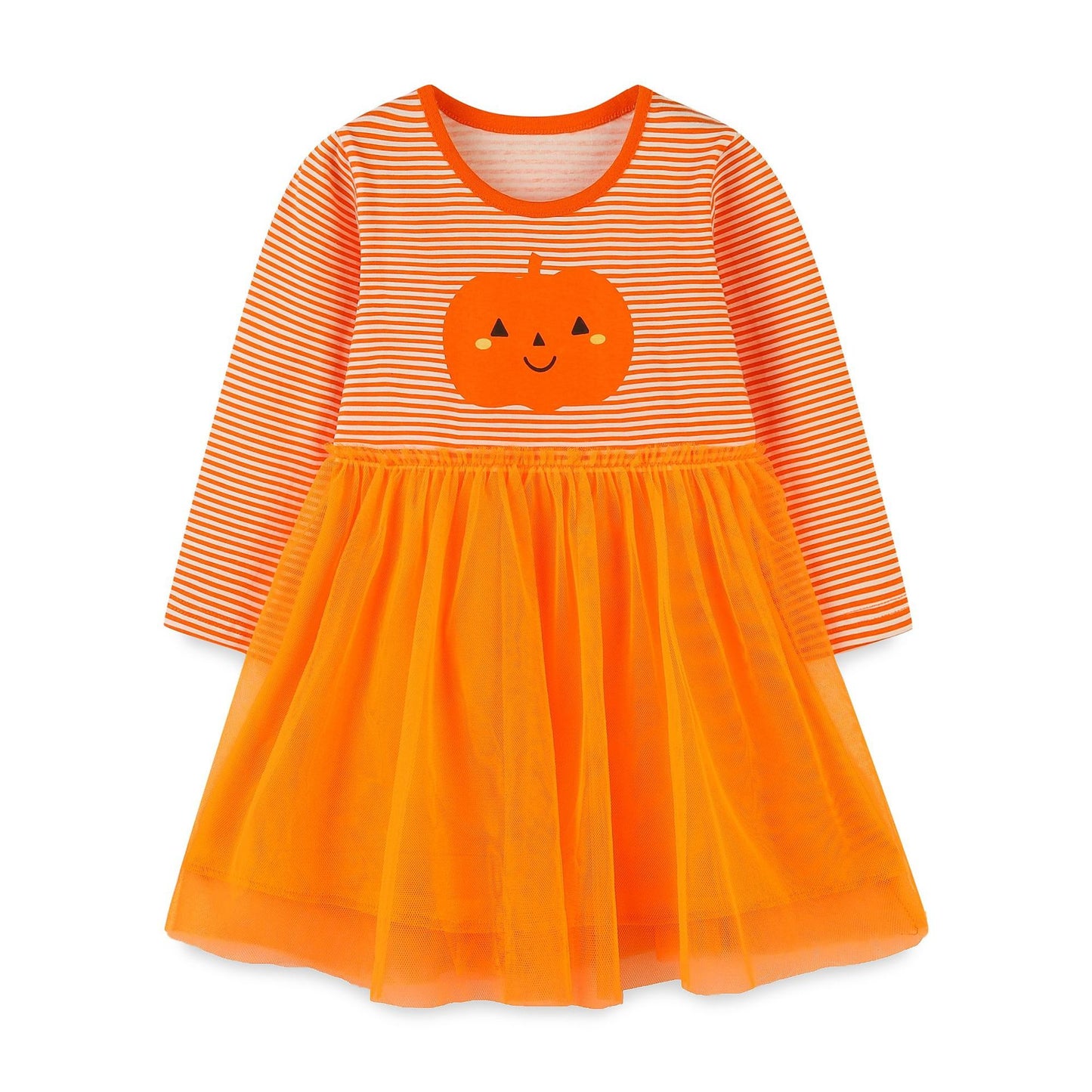 MyKids-USA Striped Embroidered Tulle Dress: Halloween Edition For Girls 130 (7-8Y) / Orange
