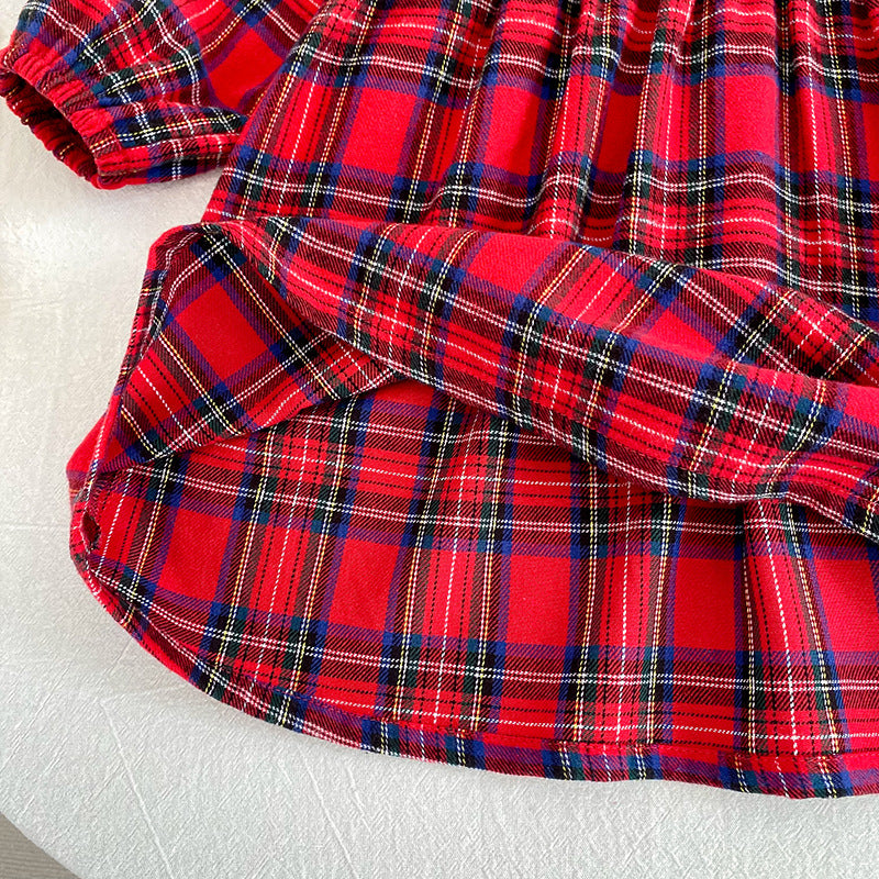 Autumn Baby Girls Plaid Pattern Long-sleeved Turn-down Collar Onesies and Dress – Princess Sister Matching Set