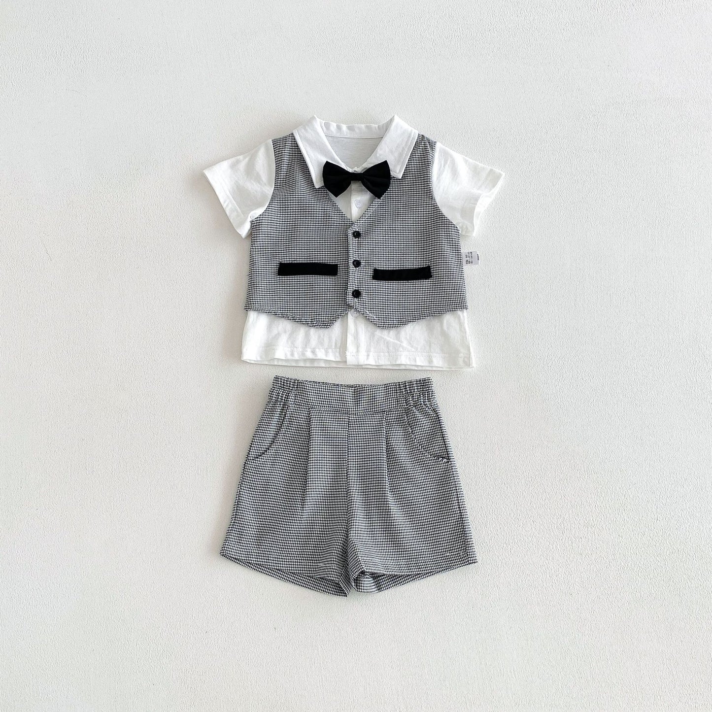 Arrival Summer Baby Kids Boys Short Sleeves Plain Shirt, Plaid Vest and Shorts Clothing Set