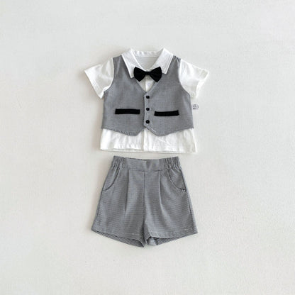 Arrival Summer Baby Kids Boys Short Sleeves Plain Shirt, Plaid Vest and Shorts Clothing Set