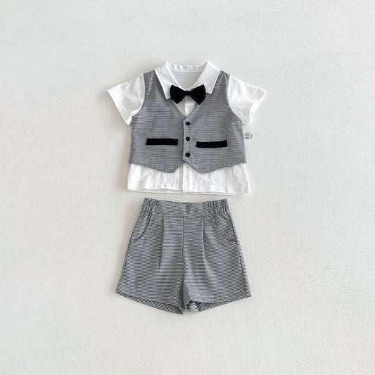 Arrival Summer Baby Kids Boys Short Sleeves Plain Shirt, Plaid Vest and Shorts Clothing Set