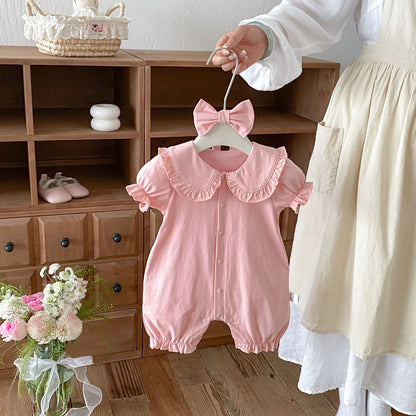 Design Summer Baby Kids Girls Short Sleeves Solid Color Pink Rompers