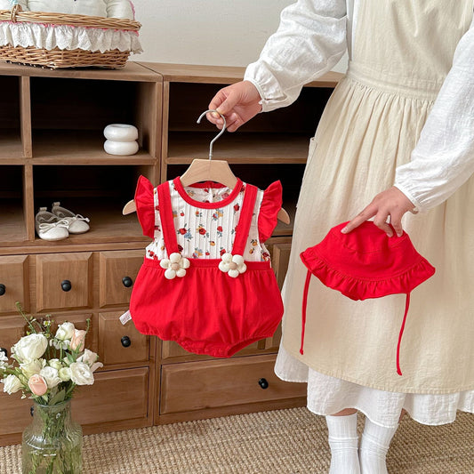 Summer Arrival Baby Girls Fly Sleeves Flowers Pattern Color Patchwork Bodysuit