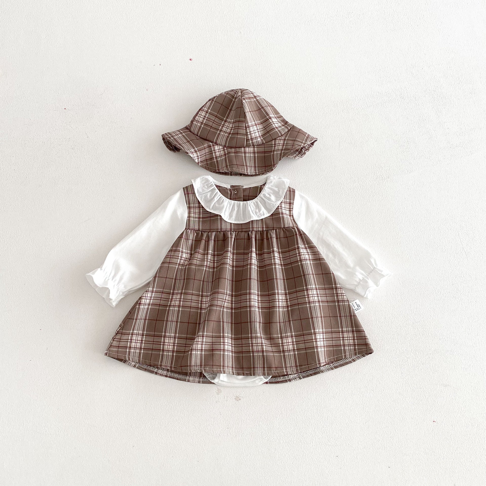 Autumn and Spring Baby Kids Girls Long Sleeves Plaid Onesies Dress and Hat Clothing Set, MyKids-USA®, Baby & Toddler Dresses, MyKids-USA - Size/Age - 66 (3-6M) - Color - Brown -  -  - TR25122282146-A.