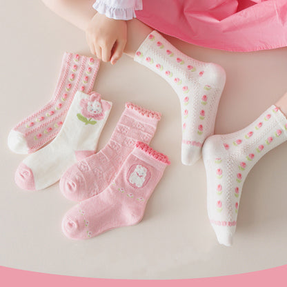 Kids Girls Floral Pink Cute Comfortable Mesh Crew Socks