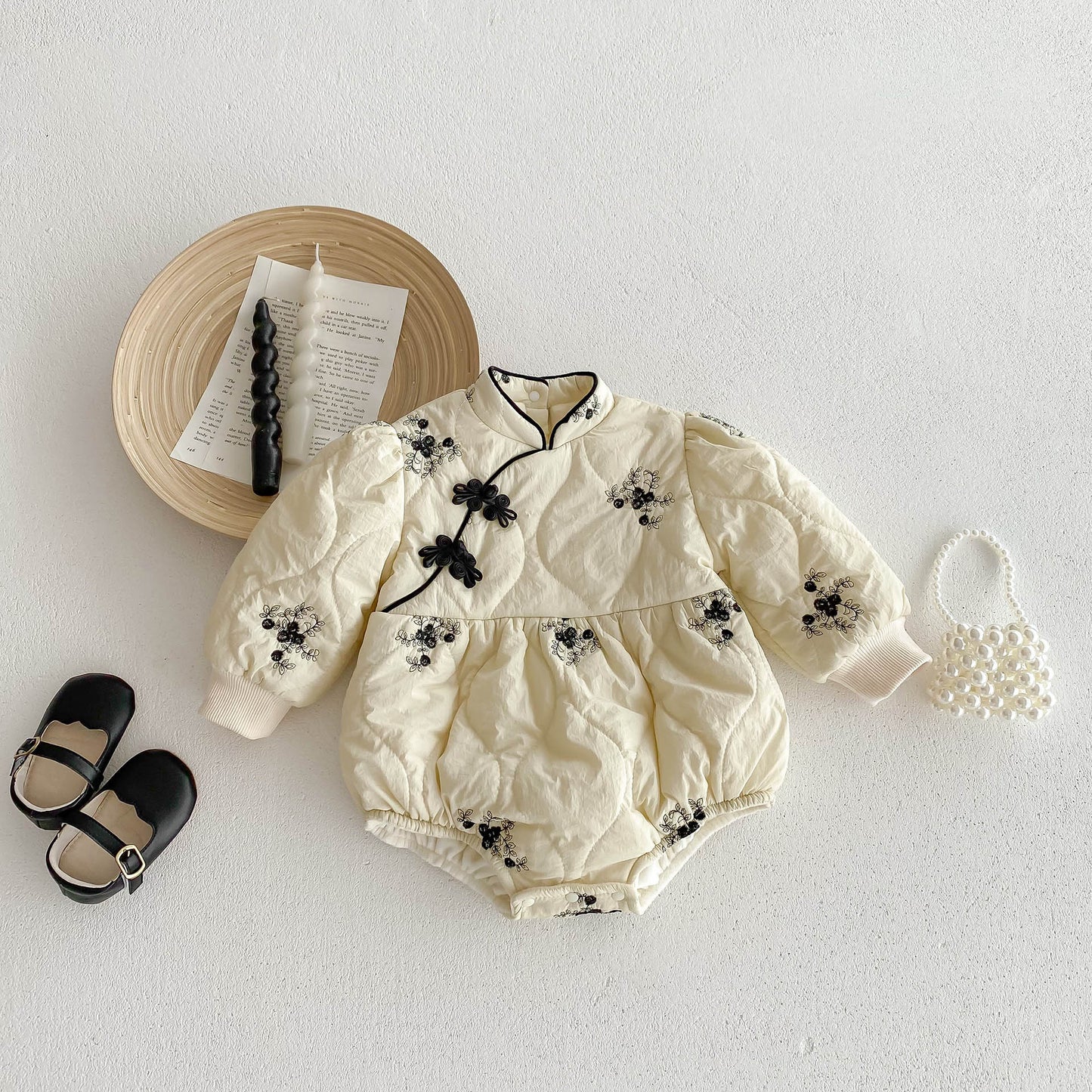 Infant Baby Girl Jacquard Embroidery Thick Warm Long Sleeve One Piece In Winter
