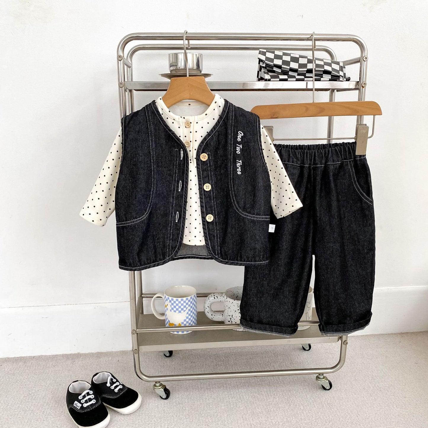 MyKids-USA® Hot Selling Autumn Baby Kids Boys Long Sleeves Dots Pattern Top, Denim Vest and Jeans Set