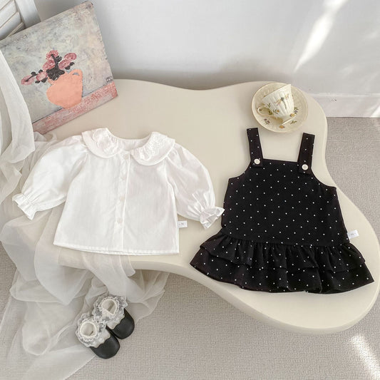 Autumn and Spring Baby Kids Girls Long Sleeves Solid Color Single Breasted Top and Sleeveless Dots Pattern Dress Clothing Set, MyKids-USA®, Baby & Toddler Outfits, MyKids-USA -  -  -  -  -  -  - .