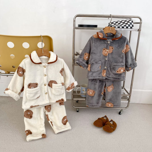 Winter Baby Kids Boys Long Sleeves Cute Teddy Bear Pattern Top and Pants Fluffy Warm Pajamas Clothing Set, MyKids-USA®, Baby & Toddler Sleepwear, MyKids-USA -  -  -  -  -  -  - .